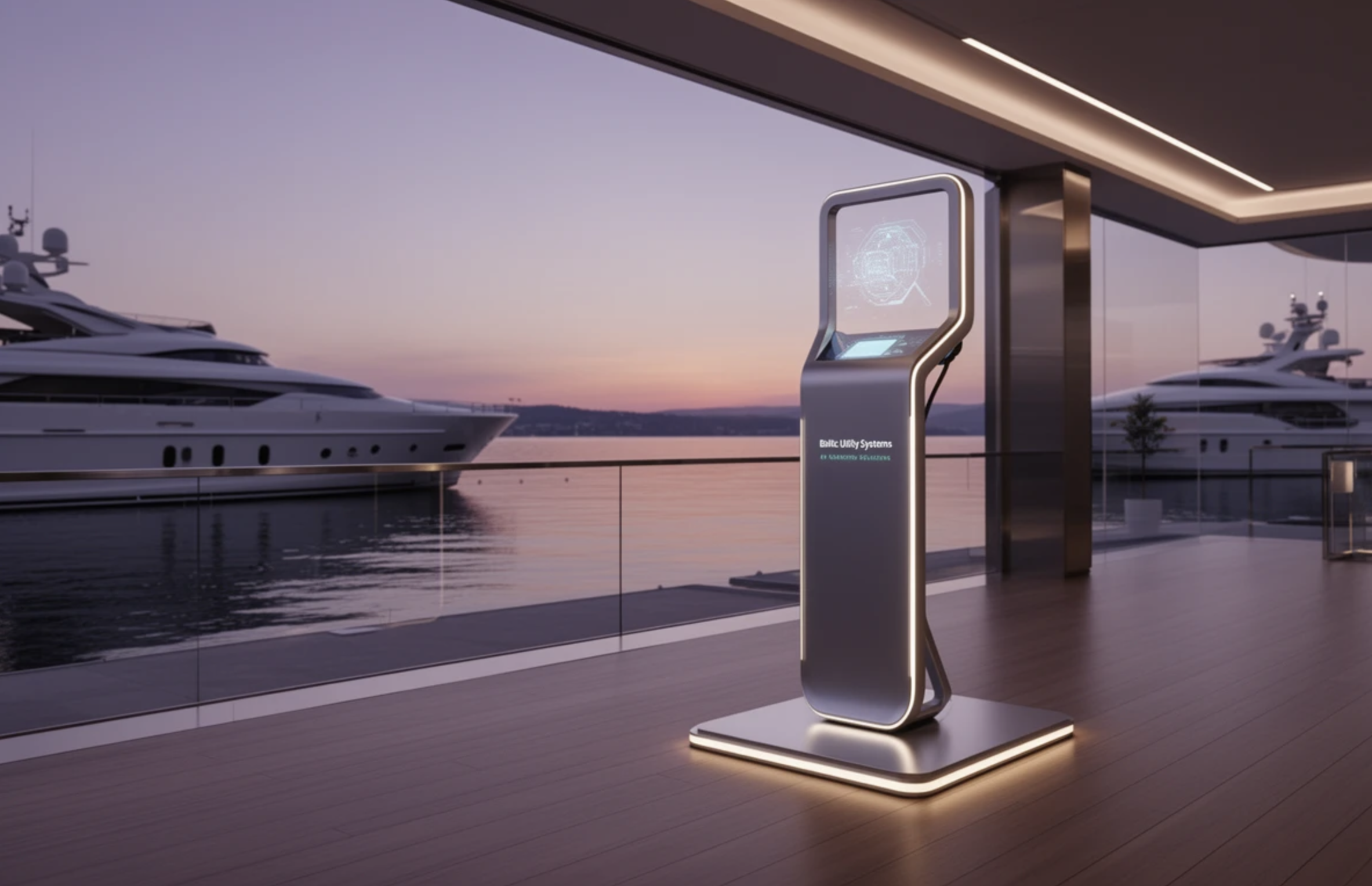 Atmospheric marina and leisure infrastructure scene with service pedestals and EV charging