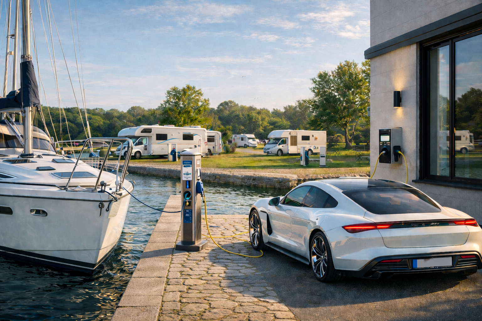 Atmospheric marina and leisure infrastructure scene with service pedestals and EV charging